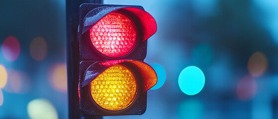 Red and Yellow Traffic Light at Dusk.