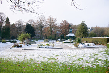 Snow in a public park in Matlock, Derbyshire, UK