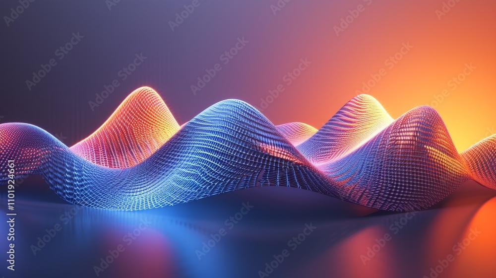 Poster This futuristic 3D rendering displays a smooth, undulating surface, illuminated by vivid neon lighting. The intricate grid texture and dynamic light play give it a surreal, high-tech atmosphere.