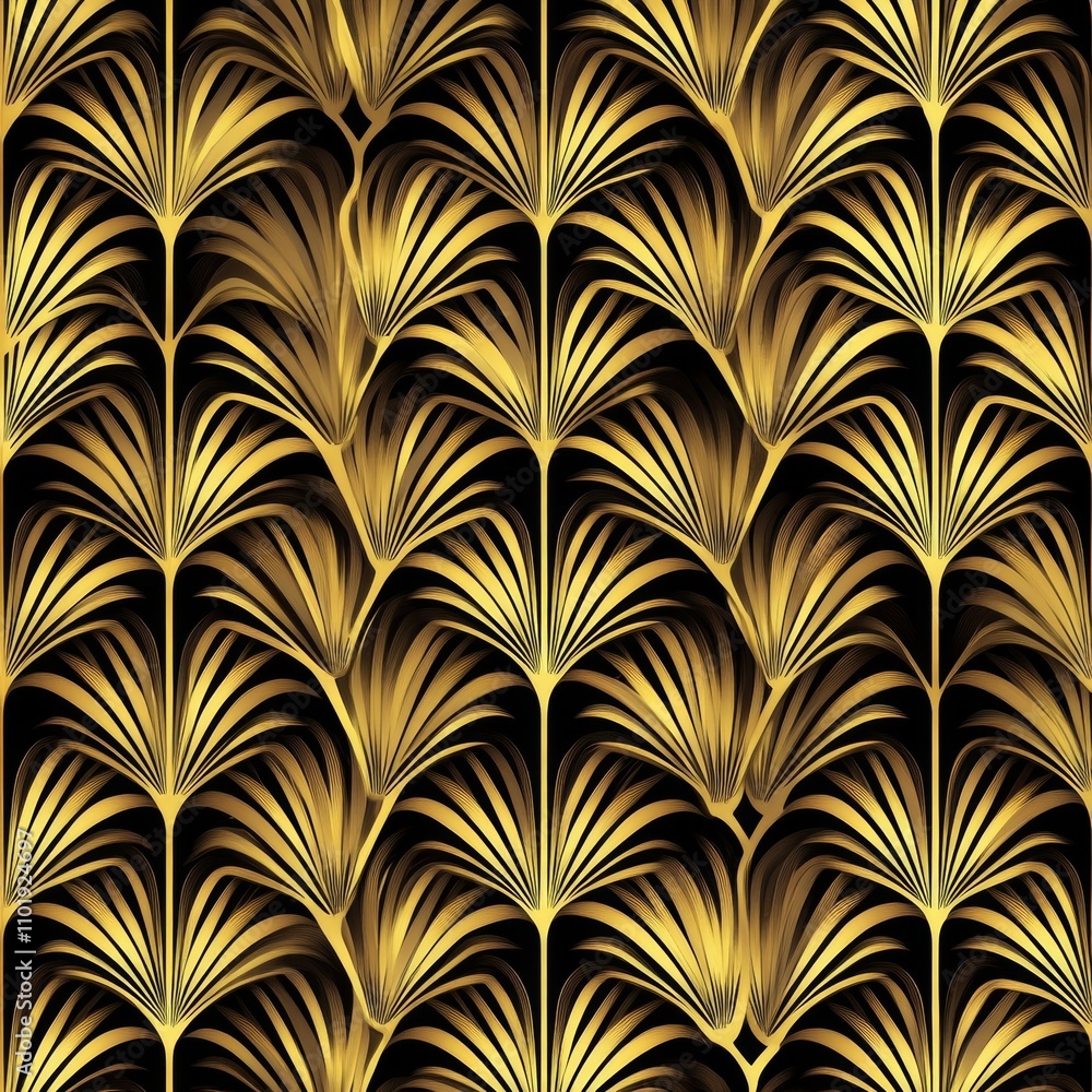 Poster This design features intricate gold feather motifs arranged in a repeating art deco style against a black backdrop. The luxurious color combination creates a striking visual effect