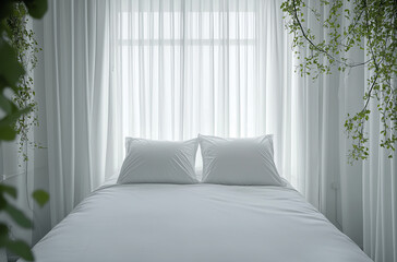 A simple yet elegant white bed with pristine sheets and pillows in front of large windows. The background is a soft-focus view of the outside world through sheer curtains