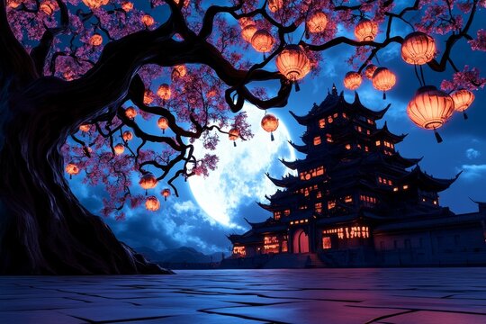 A Gothic interpretation of an ancient Asian temple at night, with mysterious glowing lanterns and shadowy figures