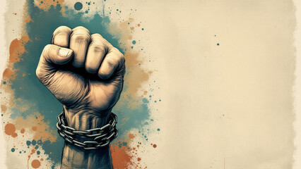 International human rights day, diverse hand raised up. The concept of freedom of speech, Classic revolution composition. Human Rights Day social media post background