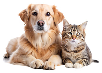 Fototapeta premium Golden Retriever and Tabby Cat Relaxing Together isolated on white background as transparent. PNG. AI GENERATED
