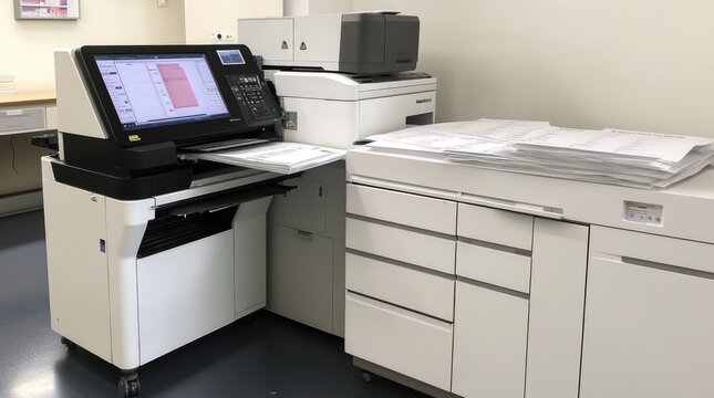 Industrial photo printer working, plotter head slides over paper surface, prints image. Modern digital inkjet printer puts picture on vinyl banner. Magazine, newspaper industry. Process applying color