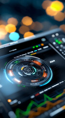 Digital currency dashboard interface virtual space data visualization tech environment close-up view innovative engagement