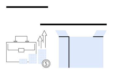 Briefcase, stacked coins, upward arrows, and coin in minimalist style beside an open package. Ideal for business growth, investment, success, financial planning, entrepreneurship economic progress