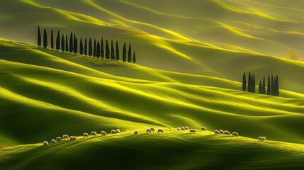 Lush green hills with grazing sheep and cypress trees under soft sunlight.
