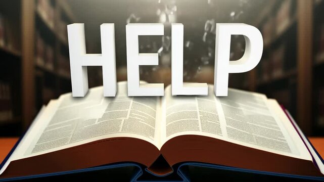 A book is open to a page with the word HELP written in white letters. The letters are made out of paper and appear to be falling out of the book