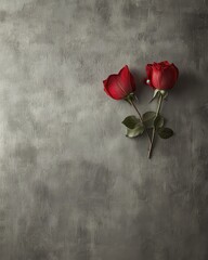 Two Red Roses on Grey Textured Background: A Romantic and Elegant Still Life Photography