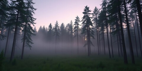 Obraz premium A serene forest landscape at dusk with misty fog and tall trees, misty evening,