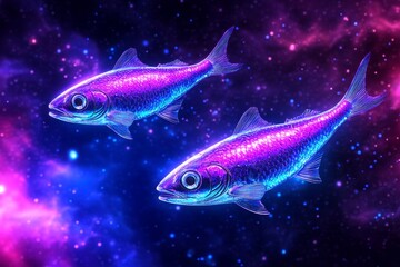 A celestial-themed art piece with the Pisces symbol and fish constellations swimming through a vibrant nebula