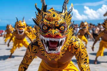 Fototapeta premium A ceremonial dance performance in Bali, Indonesia, with dancers in elaborate costumes and traditional masks