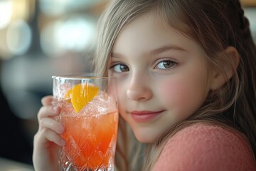 Fototapeta premium A young child holding a glass of freshly squeezed orange juice, enjoying a refreshing drink