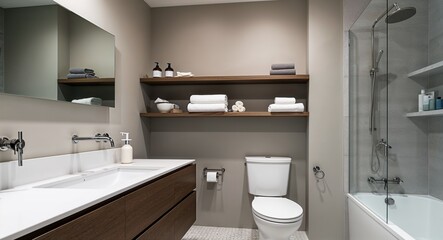 Bathrooms with floating shelves and minimal hardware for storage
