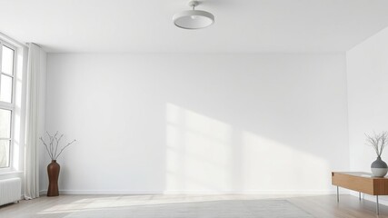 A sleek and modern bedroom with an enormous empty white wall illuminated by a halogen lamp hanging from the ceiling, industrial chic, halogen lamp