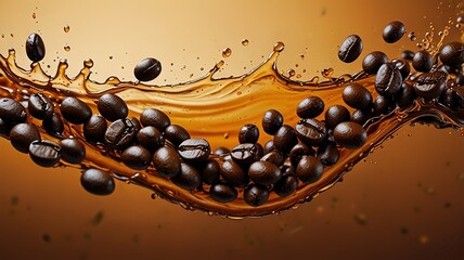 Fototapeta premium Coffee Beans Splashing in Brown Liquid: Artistic Abstract Pattern on an Orange Background