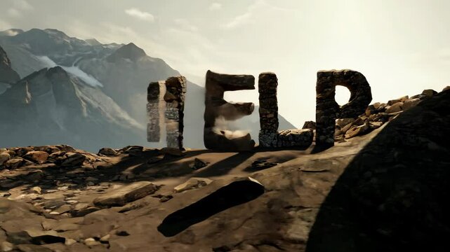 The word HELP is written in large letters on a rocky hill. The letters are made of rocks and are scattered across the hill