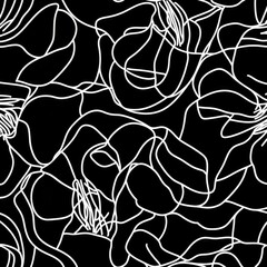 Modern seamless pattern featuring abstract roses and flowers in a patchwork design
