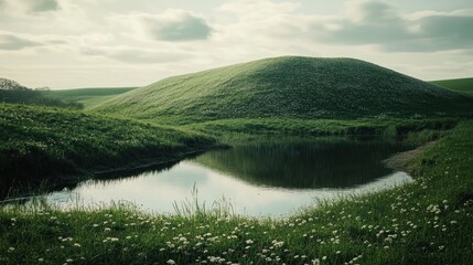 A serene landscape featuring a grassy hill and a reflective pond surrounded by flowers.