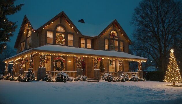 A picturesque snowy evening with a beautifully decorated house outdoor Christmas tree and twinkling 55