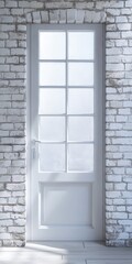 Fototapeta premium Frosted Glass Door on White Brick Wall. Loft Interior Background Texture