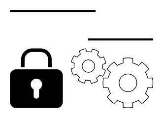 Padlock symbolizing security next to two gears representing settings and automation. Ideal for cybersecurity, data protection, software development, system management, IT services, privacy