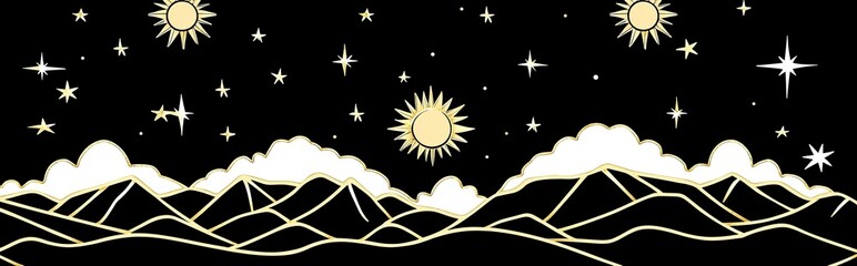 A seamless modern border featuring moons, clouds, stars, and suns, adorned with Chinese gold decorative elements. This graphic pattern is suitable for astrology, esoteric practices, tarot, mysticism,
