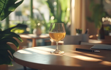 Fototapeta premium A glass of yellow drink sits on a wooden table in a plant-filled, sunlit environment.