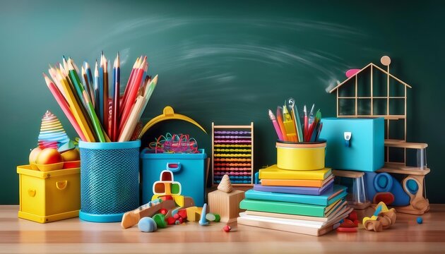  A colorful classroom setup features a stationery organizer, various toys, and learning tool_1(81)