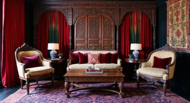 Carved wooden furniture with rich fabrics in deep jewel toned colors