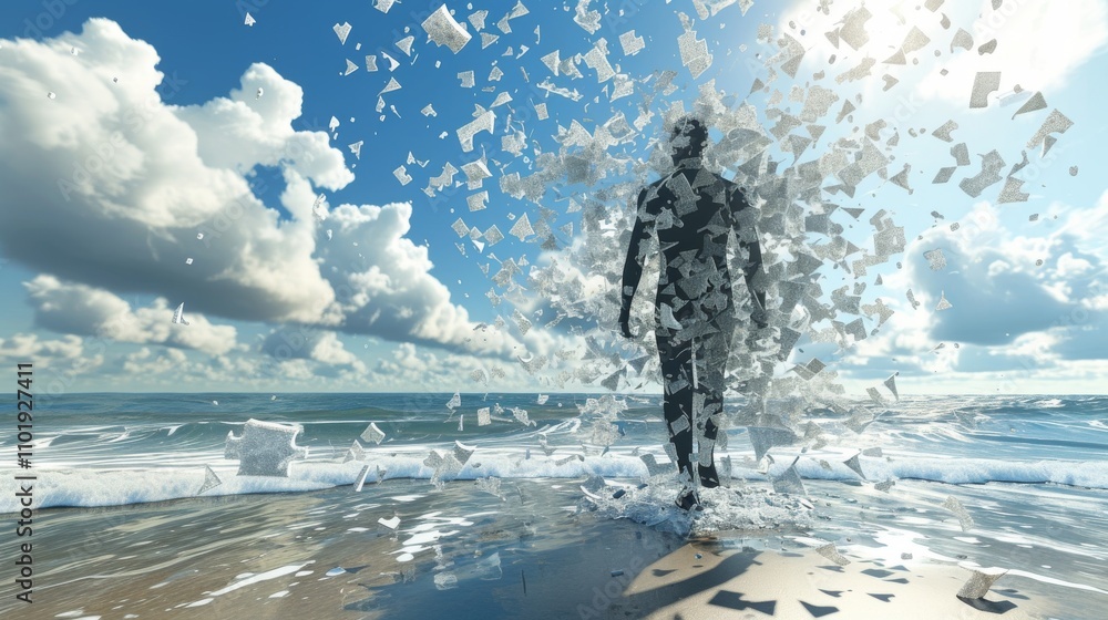 Poster a surreal scene of a human figure dissolving into fragments while walking on a sandy beach, with sof