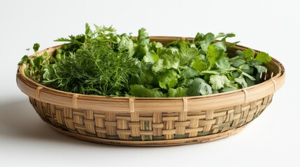 Fototapeta premium Freshly Gathered Culinary Herbs in a Traditional Woven Basket on a White Background, Ideal for Cooking Enthusiasts and Food Photography Projects
