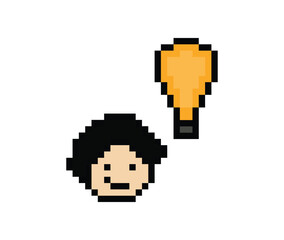 Fototapeta premium Cartoon cute character man face with light blub idea creative think decoration pixel 8 bit male boy idea imagination cartoon pixel game png vector.