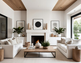 scandinavian style home interior design of modern living room with minimalist room and white furniture, fireplace, wooden accents and decorative branches in ceramic vase