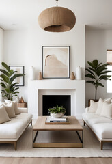 scandinavian style home interior design of modern living room with minimalist room and white furniture, fireplace, wooden accents and decorative branches in ceramic vase