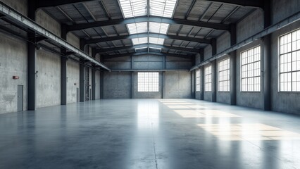 Open and spacious warehouse mockup with smooth concrete flooring