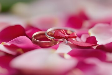 Romantic Wedding Rings Nestled on Delicate Rose Petals: A Symbol of Love and Commitment