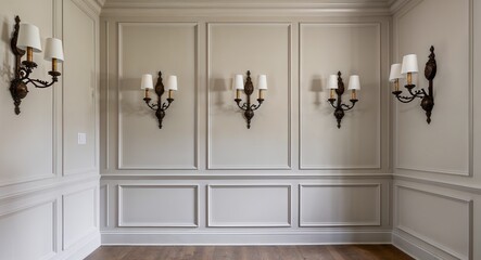Detailed wainscoting paired with soft neutral paint and antique sconces