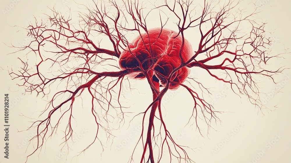 Poster anatomy and heart symbolizing life with branches and rhythm, pulse and unity in visual vitality.