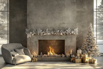Elegant modern fireplace with burning flames, decorated with white tinsel and ornaments, plush grey armchair, golden presents, candles, snow outside, and small tree with silver leaves and ribbons.
