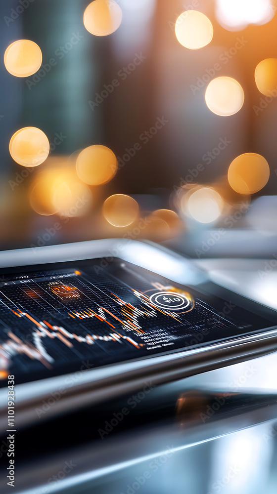 Poster digital financial records visualization modern workspace data analysis urban environment close-up vi