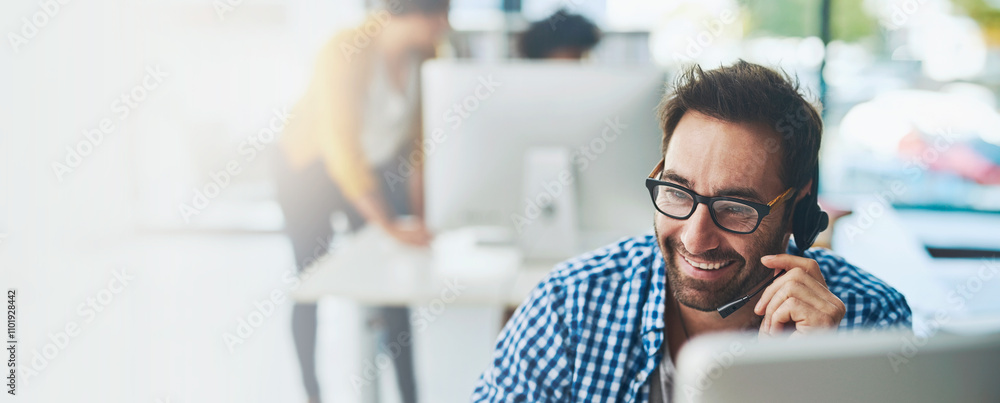 Poster banner, call center and crm with business man in office for consulting, customer service and agent. 
