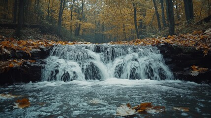 A serene waterfall cascades through a forest of autumn leaves.