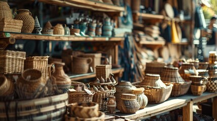 Fototapeta premium Rustic handmade wicker baskets displayed on wooden shelves