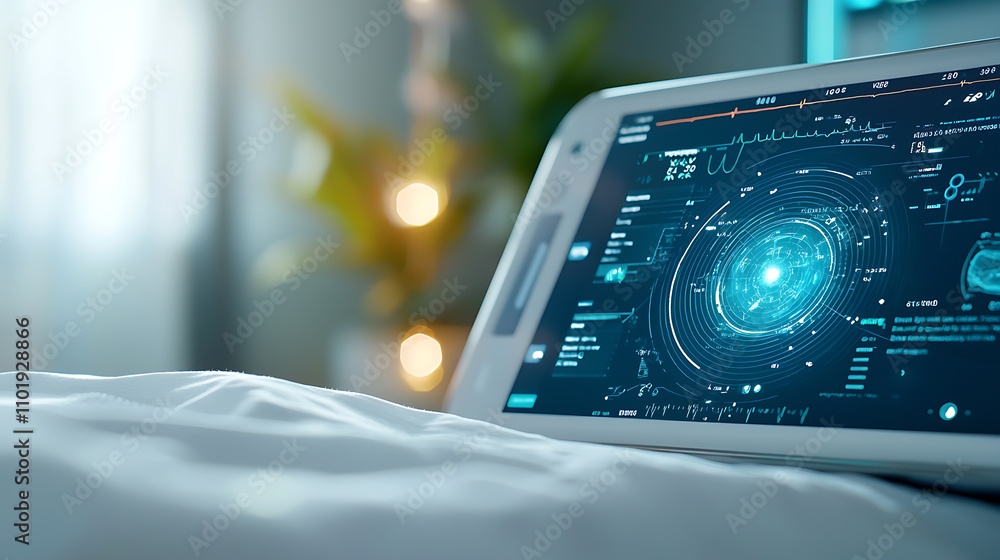 Poster digital health dashboard displaying patient data hospital room interactive interface modern environm