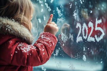 Close-up of a little girl's hand in a coat writing the text “2025” on a snow-filled window with one finger. Snow is falling, celebration of the new year.