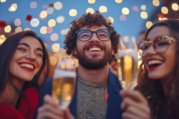 Photo of a group of friends celebrating the New Year at a lavish party surrounded by twinkling lights and confetti, holding champagne.