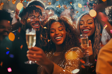 Photo of a group of friends celebrating the New Year at a lavish party surrounded by twinkling lights and confetti, holding champagne. 