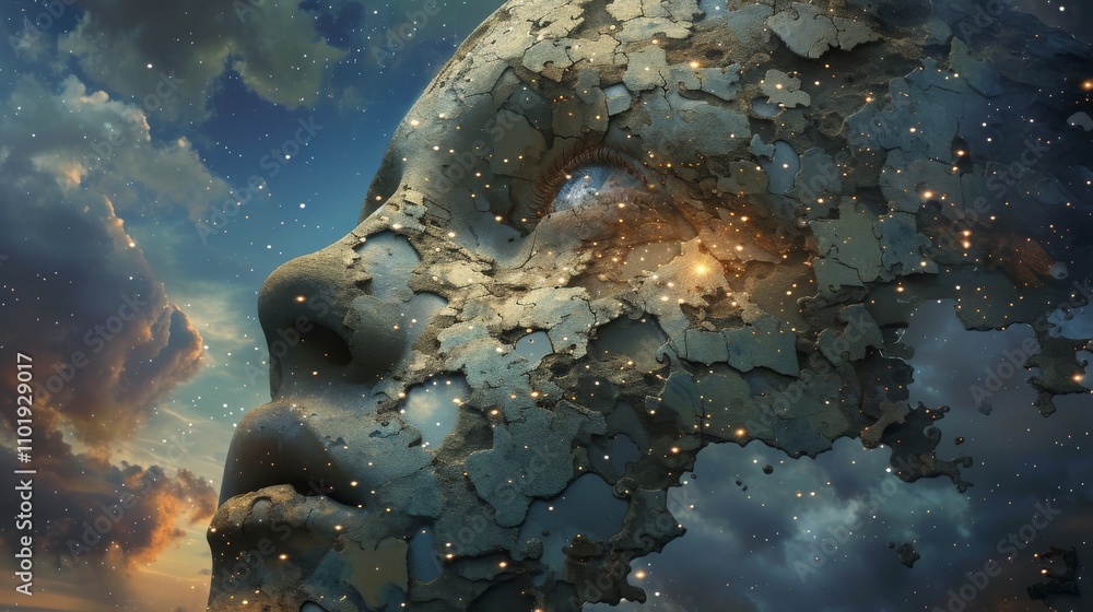 Poster a surreal image of a face with cracked surfaces merging with a starry sky, symbolizing the fragility